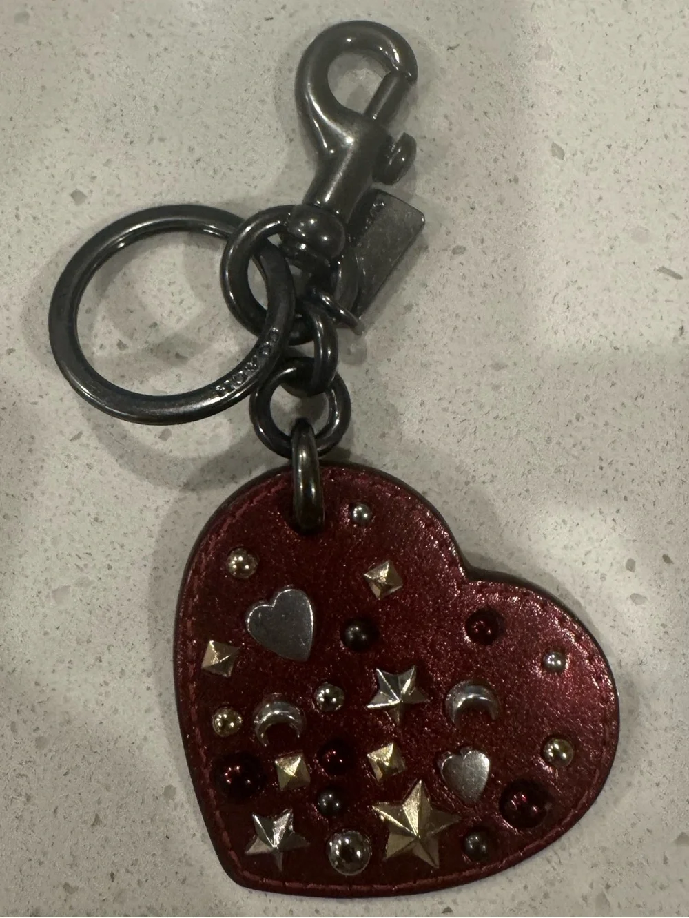 Coach Red Studded Metallic Leather Heart Keychain Charm